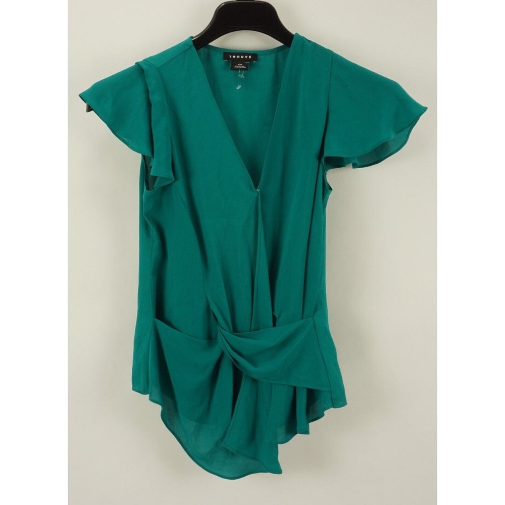 Trouve Women's Size XXS 2XS Dark Teal‎ Green Chiffon Wrap Front V-Neck Top